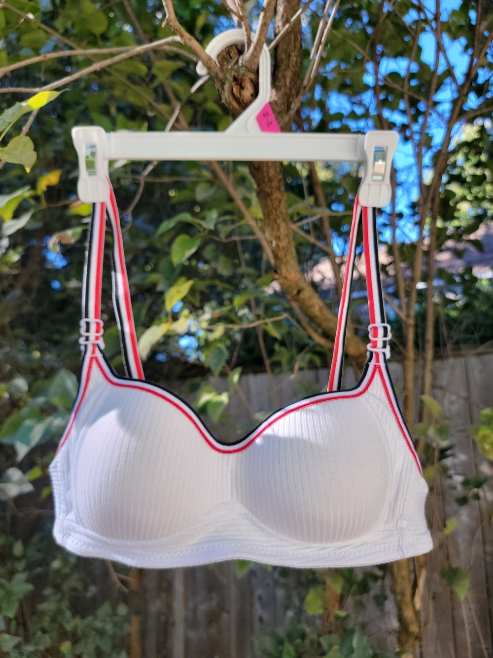 White Padded Ribbed Bralette with Red & Navy Trim